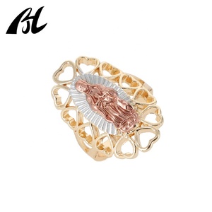 Bague en or 14 carats avec cœur de fleur de cerisier de la Vierge Marie - Bijoux en laiton chrétien à trois couleurs de la Vierge de Guadalupe - Product Image 2