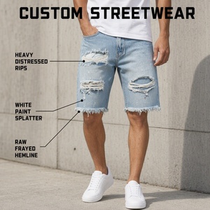 Shorts in Denim Personalizzati Effetto Invecchiato per Uomo, con <span class=keywords><strong>Schizzi</strong></span> <span class=keywords><strong>di</strong></span> Vernice Bianca, Strappi e Orlo Sfrangiato, Stile Streetwear Casual - Product Image 1