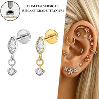Labret sans filetage Freya Implant en Titane ASTM F136 avec Zircon à dos plat, type Push Pin, pour piercing de cartilage, d'oreille, de lèvre et bijoux de corps