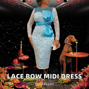 Robe de cocktail élégante en maille respirante et écologique, à manches longues, avec nœud papillon et dentelle 3D, coupe ajustée, collection automne AM040604 - Product Image 2