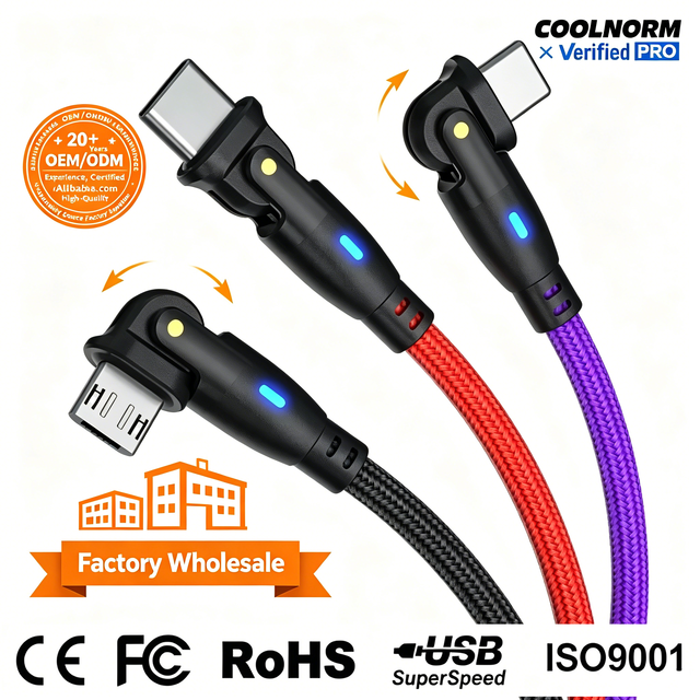 LED Fast Charge Charging Cable Fast Charge 180-degree Rotating Braided Type-C Data Cable for Mobile Phone Travel Use