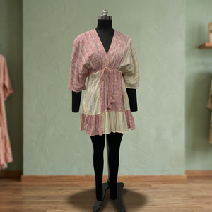 Boho Style Pink Striped <b>Linen</b> Cotton Mini <b>Dress</b> With Tie Neck Cap Sleeve Ruffle Hem Loose Fit <b>Summer</b> Casual <b>Dress</b> - Product Image 2