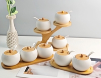 Set Peralatan Dapur Mewah Mini, Wadah Bumbu Herbal Porselen Keramik, Set Sendok Sajian, Stoples Rempah Dengan Tutup dan Nampan Bambu