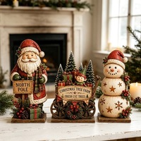 Décoration de Noël en bois : Père Noël, Bonhomme de neige, Elfe, Chariot – Ensemble de 3 ornements de table en buis, style rétro, pour la maison et les fêtes – Vente en gros