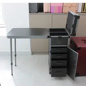 Professional Nail Makeup Portable Trolley Rolling Manicure Table Nail Desk Makeup Train Case With Table