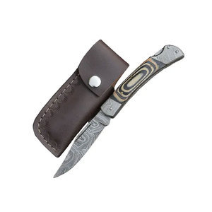 Navaja de Bolsillo Plegable de Acero de Damasco Hecha a Mano de Alta Calidad, Mango de Madera, Funda de Cuero, Garantía de 3 Años, Personalizable, Perfecta - Product Image 1