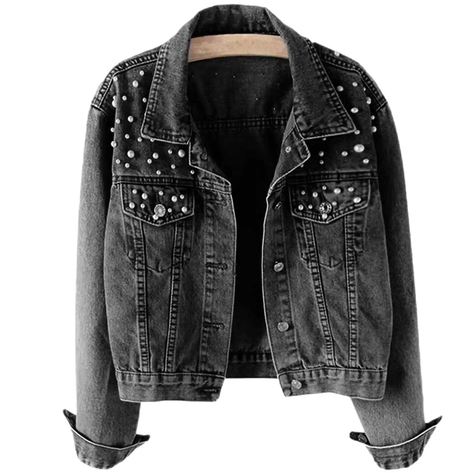 Women's Casual Oversized Embroidered Pearls Beading Denim Jacket Long Sleeves Jean Coat