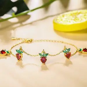 Summer Fruit Series Strawberry Cherry Emerald Emerald Garnet Zircon Chain Bracelets For Women For Girls