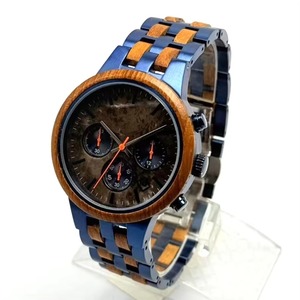 Montre chronographe hybride bois-métal pour homme, lunette en bois naturel, fenêtre de date, bracelet mixte acier-bois, montre décontractée étanche - Product Image 3