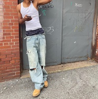 Jean en denim baggy pour homme, taille haute, coupe skater, bleu, surdimensionné, double taille, déchiré, effet vieilli, délavé à l'acide, design personnalisé