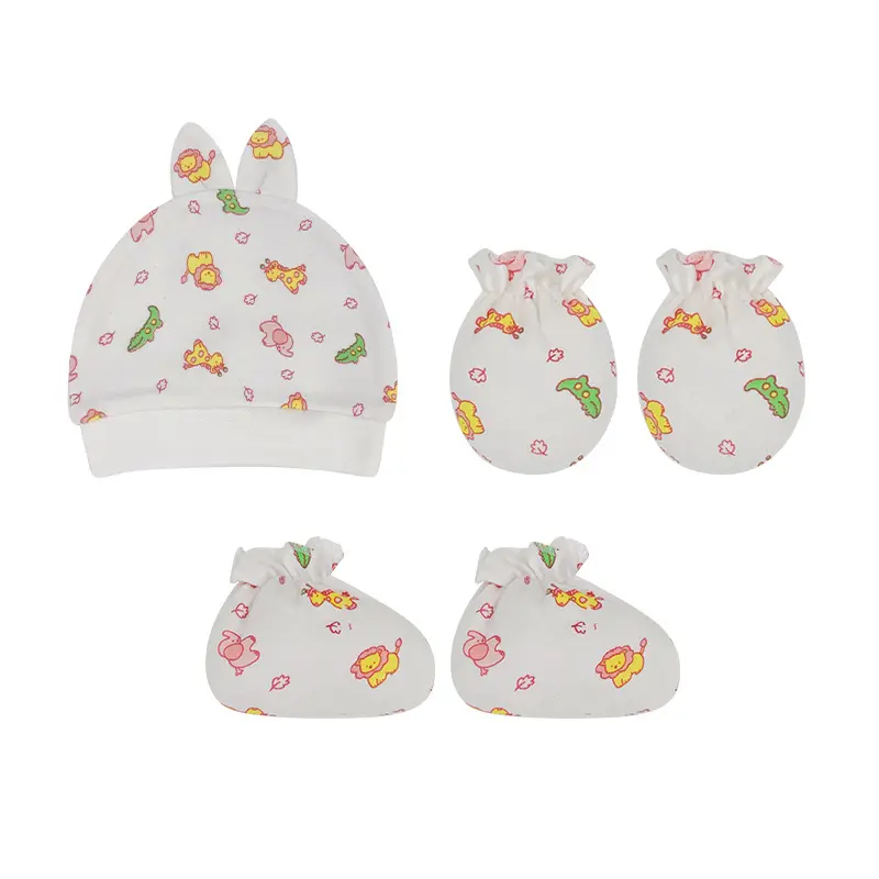 MU Newborn Animal Beanie Hat Mittens And Foot Cover 3Pcs Set Soft Cotton Infant Baby Boy Girl Hospital Nursy Cap