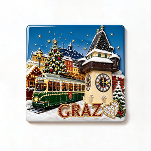 Aimant de réfrigérateur personnalisé ODM/OEM en polyrésine 3D découpé, thème tram de Noël, scène urbaine hivernale, souvenir de voyage, taille moyenne, étanche - Product Image 1