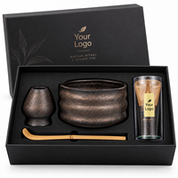 Ensemble Matcha en Céramique Personnalisé avec Logo OEM, Bol Noir Bronze, Fouet, Support, Cuillère en Bambou, Boîte Cadeau pour Débutants en Matcha