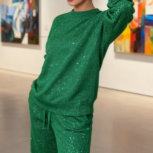 Women's <b>Sequin</b> Round Neck Long Sleeve Top and <b>Pants</b> Casual 2-Piece Set Fashion - Product Image 4