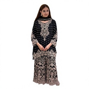 Conjunto de Kurta Tradicional Indio-Pakistaní Negro para Mujer con Bordado Dorado, Largo hasta el Suelo, para Bodas, Corte Holgado, en Rayón - Product Image 1