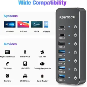 Custom 3.2Gen 2 10Gbps 7 puertos expansor convertidor de carga Usb 3,1 Dock Hub Usb C estación de acoplamiento Hub Otg adaptador divisor Usb Hubs