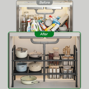 Organisateur d'évier de cuisine en métal à 2 niveaux, plateau de rangement extensible à longueur réglable, support autoportant à double niveau - Product Image 5