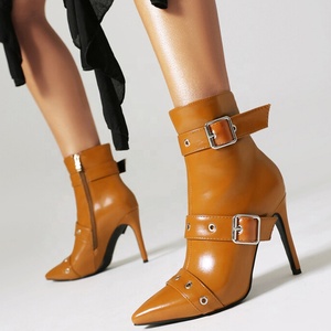 Wide Fit Belt Buckles Dress Stiletto High Top Ankle <b>Boots</b> Sexy Women's Short <b>Boots</b> Slim High Heels Big Size 48 - Product Image 3