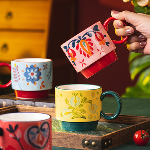 Vintage Flower Coffee Mug Hand Painted Porcelain <b>Tea</b> Cup Stackable Ceramic Mugs Set with Metal <b>Stand</b> - Product Image 5
