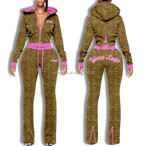 Completo Sportivo da Donna Autunnale Casual con Stampa Leopardata Ricamata, Felpa con Cappuccio e Zip, Maniche Lunghe, Set Due Pezzi Aderente - Product Image 2