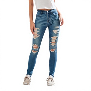 Jean déchiré décontracté en denim bleu grande taille de qualité supérieure, coupe skinny longue et ajustée, extensible avec fermeture éclair, pour femme, exporté du Bangladesh - Product Image 4