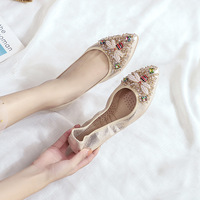 Sepatu Wanita Flat Ukuran 33-45 Model Terbaru, Kasual, Bernapas, Berhias Rhinestone, Ujung Runcing, Ukuran Besar