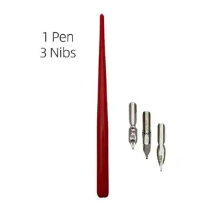 HY赤書道ペンセット、赤書道セット1個ペン3個ペン先木製つけペン
