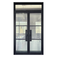 Porte d'entrée double moderne en acier noir de style français avec transom supérieur en verre trempé, isolation phonique, ouverture manuelle pour la maison