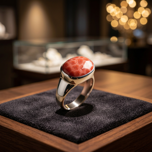 Bague en corail fossile naturel, argent sterling 925, sertie clos, cabochon ovale, bijou artisanal de caractère, vente en gros - Product Image 1