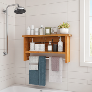 Estante de baño montado en la pared de 60x70 cm, de madera, de 2 niveles, con toallero para almacenamiento en el baño. - Product Image 2