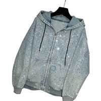 Sweat à capuche zippé en jean vintage avec strass et broderie 3D, coupe ample et oversize, lavage personnalisé, pour homme, éco-responsable