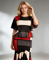 Ensemble deux pièces élégant rétro pour femmes grandes tailles - Motif géométrique rouge et noir, tenue de bureau et occasions formelles