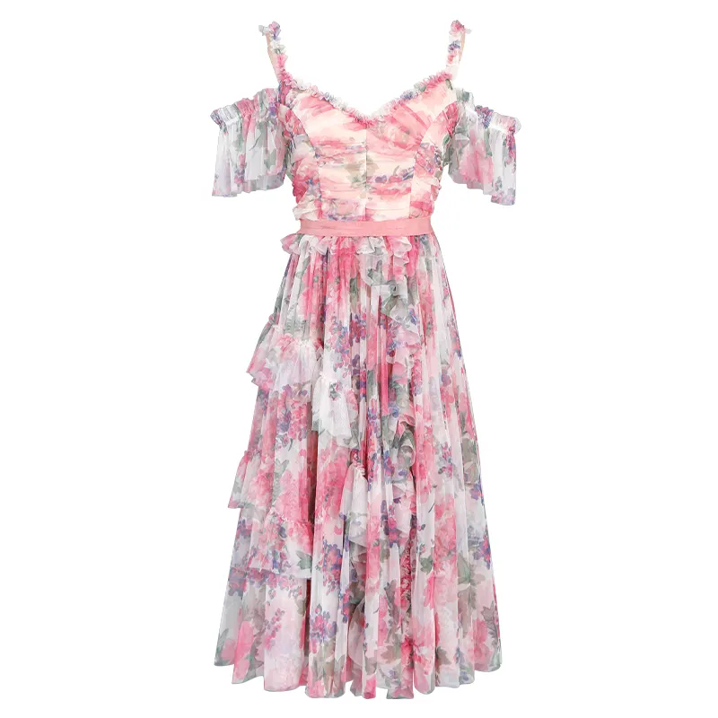 Vestido plissado com alça espaguete, vestido fofo estampa floral estilo midi para mulheres