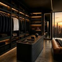 Système de dressing moderne de luxe avec cadre en aluminium, portes en verre et éclairage LED, armoire sur mesure pour chambre principale