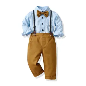 Outono Baby Boy Gentleman Clothing Set Toddler Boys Ternos Formais Manga Longa Plaid Bowtie Shirt + Suspender Pants