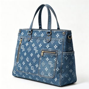 Fashion women's denim tote bag denim texture multi pocket <b>large</b> capacity suitable for outdoor travel handbag - Product Image 4