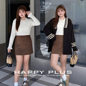 Conjunto de punto Runqi para mujer, talla grande, con top con volantes, falda corta y chaqueta tipo cárdigan, color sólido, detalle de lazo, N9401 - Product Image 5