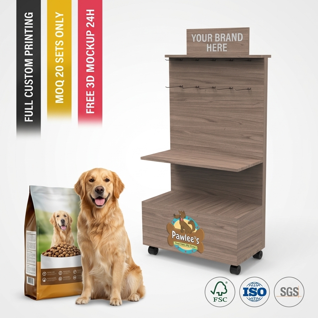 Wholesale Custom Wooden Pet Food Display Rack Floor Standing Dog Treat Merchandiser Stand with Hooks Pet Shop Retail Fixture OEM