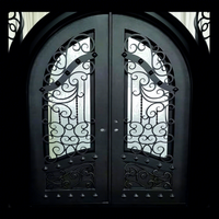 Porte d'entrée double rétro en acier forgé français européen avec vitrage pour villa, cour, appartement, taille personnalisée