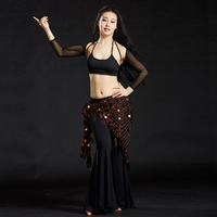 Foulard de danse orientale triangulaire en maille avec paillettes dorées et franges en forme de feuille, ceinture de taille pour femme, accessoires de costume de performance professionnelle