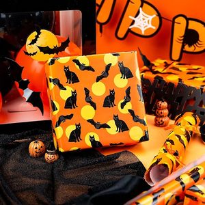 Papel de Regalo de Halloween con Diseño de Gato Negro, Papel de Regalo Vibrante con Gato Fantasmal Naranja y Murciélagos Voladores, Papel de Regalo con Patrón de Halloween - Product Image 1