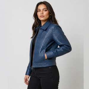 Exclusive Handcrafted Blue Intrecciato Cowhide <b>Leather</b> <b>Jacket</b> Unisex Luxury Woven Designer Outerwear Private Label - Product Image 1