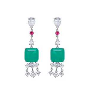 Wholesale Green Stone Earrings Fusion Synthetic Princess Cut Emerald Drop Pave Diamond Chandelier Earrings