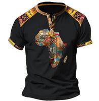 Camiseta de Manga Corta con Estampado 3D de Mapa Africano, Estilo Étnico para Hombre, con 3 Botones, Estilo Henry, Informal