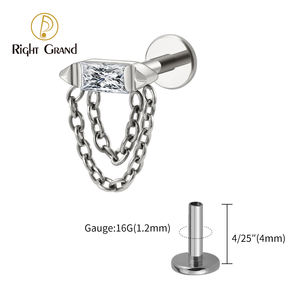 ASTM F136チタン16GバゲットCZバーダブルチェーンタッセルスタッドイヤリング軟骨ヘリックスフラットバックピアス - Product Image 6