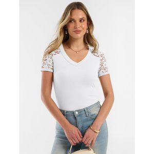 Camiseta básica ajustada de punto acanalado con encaje y cuello en V de manga corta para mujer, ropa informal de verano - Product Image 3