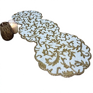 Camino de Mesa Hecho a Mano con Cuentas y Bordado Floral Dorado sobre Tela Azul Claro para Decoración del Hogar - Product Image 1