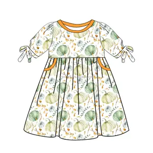 Venta al por mayor de ropa para niños otoño calabaza vestido de niña con estampado personalizado boutique de algodón con volantes vestido de niña pequeña