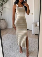Robe longue moulante en maille côtelée à rayures, col carré, sans manches, pour le printemps et l'été