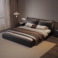 Lit double moderne italien minimaliste en cuir de vachette matelassé, taille Queen, avec cadre en bois de pin, rangement, tatami souple, garantie 5 ans